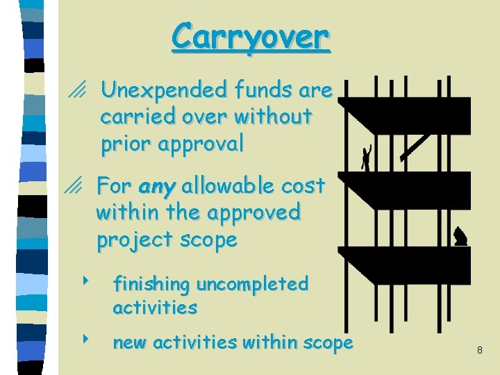 Carryover o Unexpended funds are carried over without prior approval o For any allowable
