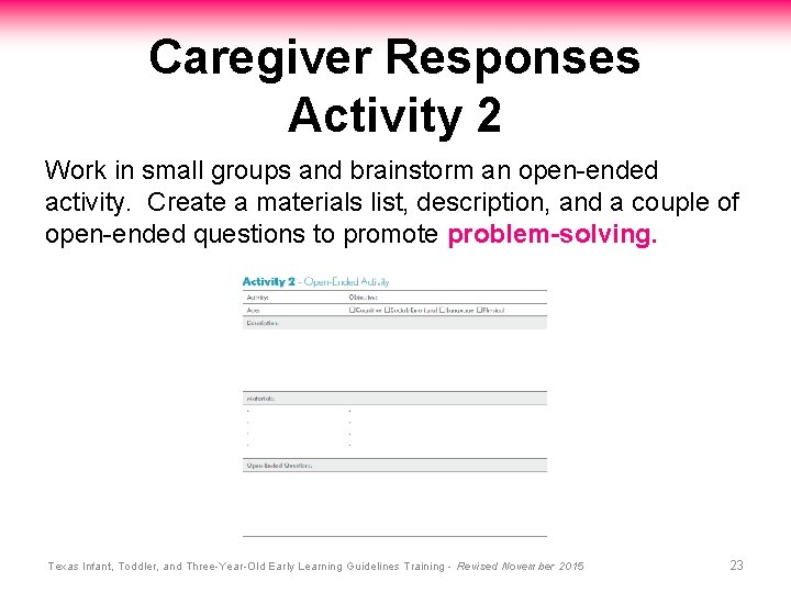Caregiver Responses Activity 2 Work in small groups and brainstorm an open-ended activity. Create