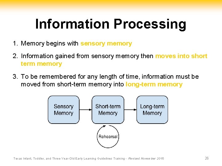 Information Processing 1. Memory begins with sensory memory 2. Information gained from sensory memory