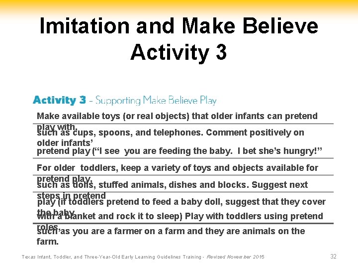 Imitation and Make Believe Activity 3 Make available toys (or real objects) that older