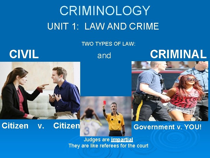 CRIMINOLOGY UNIT 1: LAW AND CRIME TWO TYPES OF LAW: CIVIL and CRIMINAL Citizen