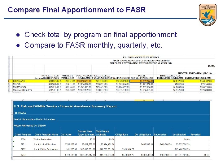 Compare Final Apportionment to FASR ● Check total by program on final apportionment ●