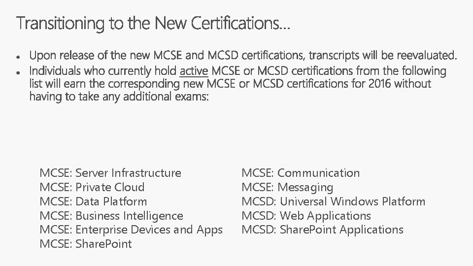 MCSE: Server Infrastructure MCSE: Private Cloud MCSE: Data Platform MCSE: Business Intelligence MCSE: Enterprise