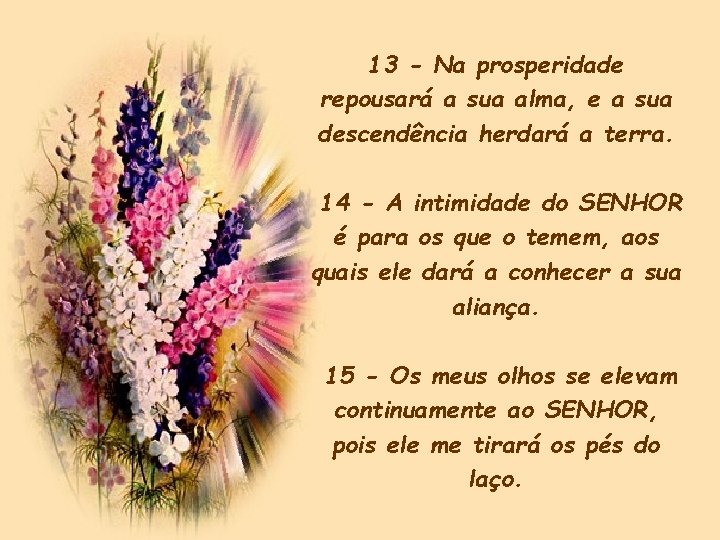 13 - Na prosperidade repousará a sua alma, e a sua descendência herdará a 13 - Na prosperidade repousará a sua alma, e a sua descendência herdará a