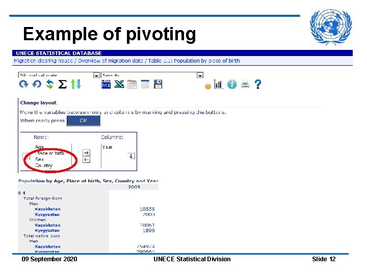 Example of pivoting 09 September 2020 UNECE Statistical Division Slide 12 