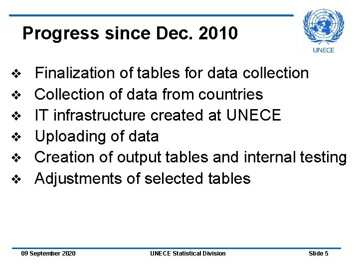 Progress since Dec. 2010 v v v Finalization of tables for data collection Collection