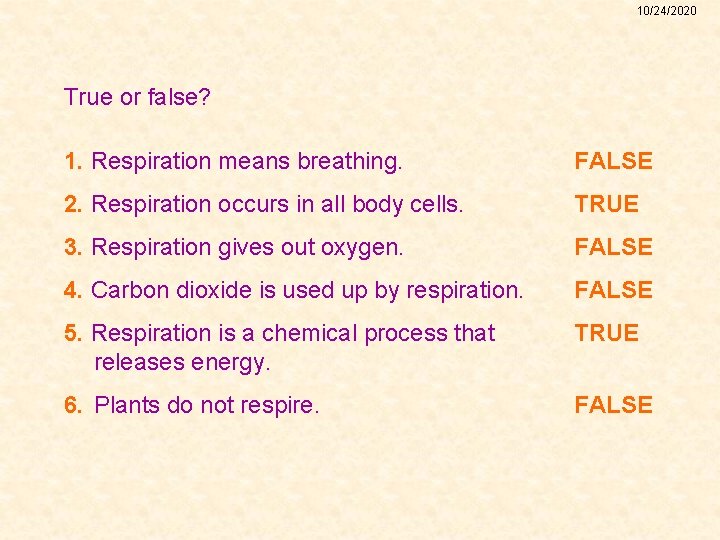 10/24/2020 True or false? 1. Respiration means breathing. FALSE 2. Respiration occurs in all