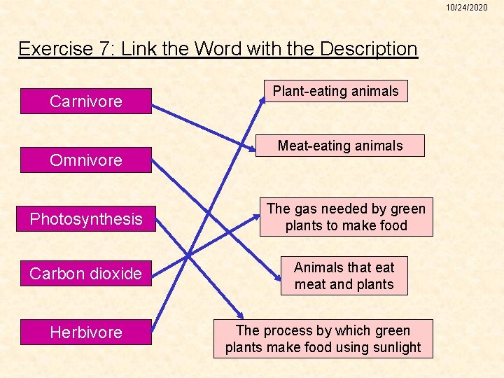 10/24/2020 Exercise 7: Link the Word with the Description Carnivore Omnivore Plant-eating animals Meat-eating