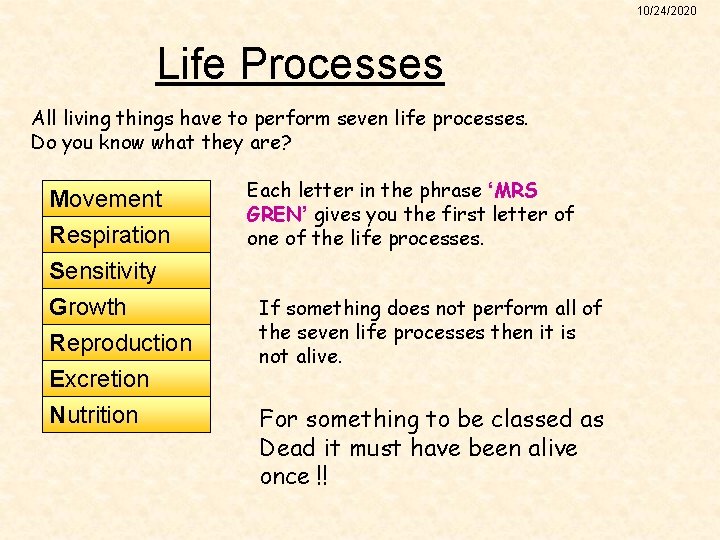 10/24/2020 Life Processes All living things have to perform seven life processes. Do you