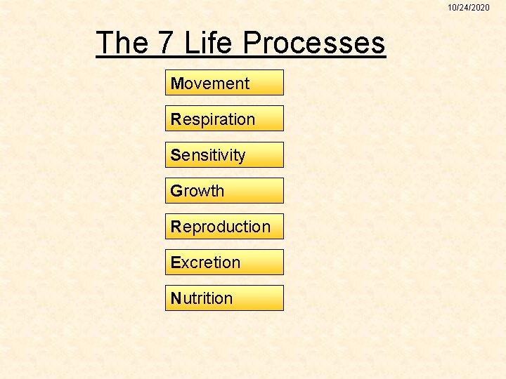 10/24/2020 The 7 Life Processes Movement Respiration Sensitivity Growth Reproduction Excretion Nutrition 