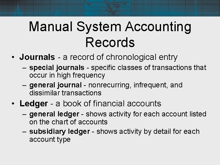 Manual System Accounting Records • Journals - a record of chronological entry – special