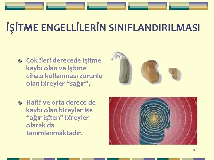 İŞİTME ENGELLİLERİN SINIFLANDIRILMASI Çok ileri derecede işitme kaybı olan ve işitme cihazı kullanması zorunlu