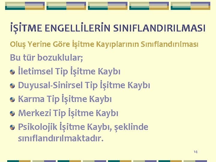 İŞİTME ENGELLİLERİN SINIFLANDIRILMASI Oluş Yerine Göre İşitme Kayıplarının Sınıflandırılması Bu tür bozuklular; İletimsel Tip