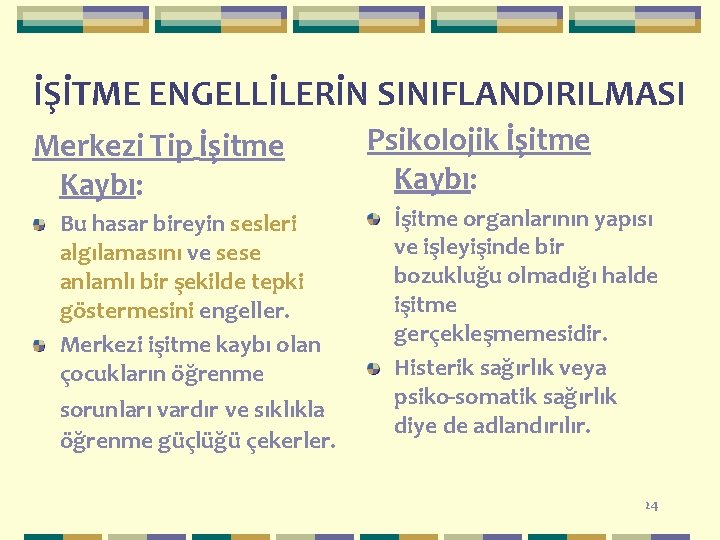 İŞİTME ENGELLİLERİN SINIFLANDIRILMASI Merkezi Tip İşitme Kaybı: Bu hasar bireyin sesleri algılamasını ve sese