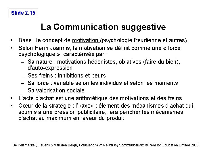 Slide 2. 15 La Communication suggestive • Base : le concept de motivation (psychologie