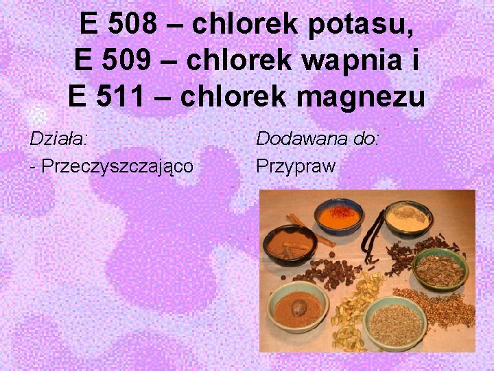 E 508 – chlorek potasu, E 509 – chlorek wapnia i E 511 –