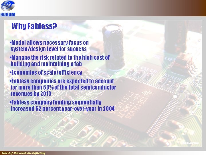 Why Fabless? • Model allows necessary focus on system/design level for success • Manage