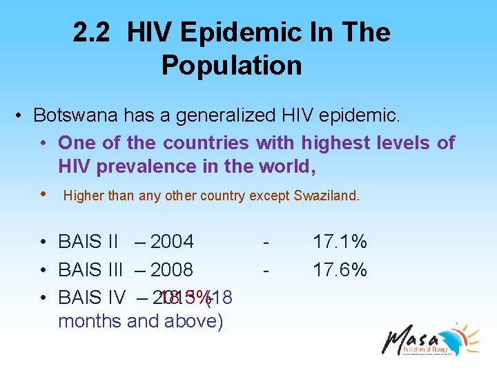 2. 2 HIV Epidemic In The Population • Botswana has a generalized HIV epidemic.