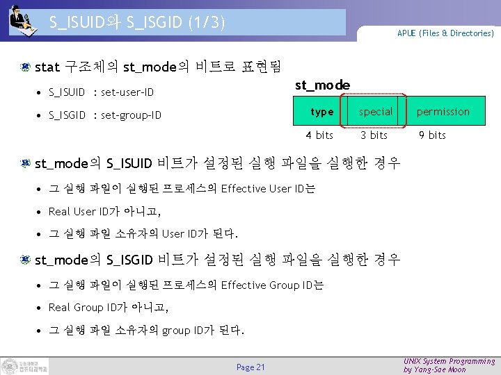 S_ISUID와 S_ISGID (1/3) APUE (Files & Directories) stat 구조체의 st_mode의 비트로 표현됨 st_mode •