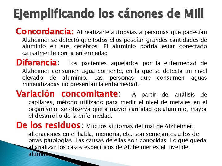 Ejemplificando los cánones de Mill Concordancia: Al realizarle autopsias a personas que padecían Alzheimer Ejemplificando los cánones de Mill Concordancia: Al realizarle autopsias a personas que padecían Alzheimer