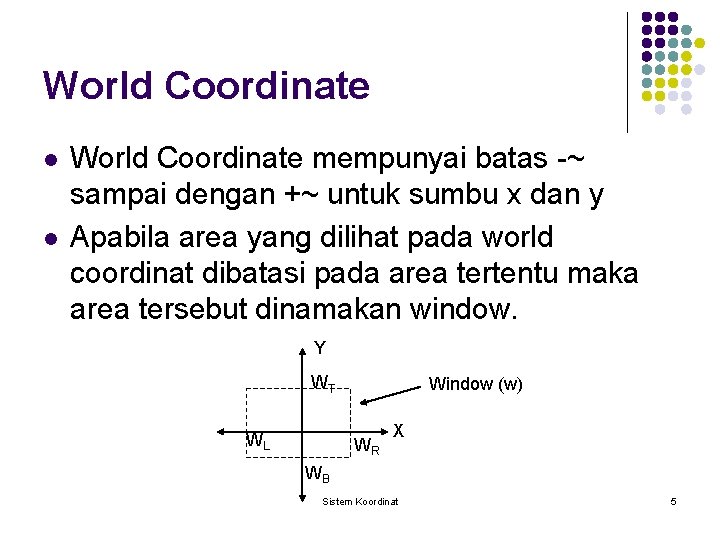 World Coordinate l l World Coordinate mempunyai batas -~ sampai dengan +~ untuk sumbu