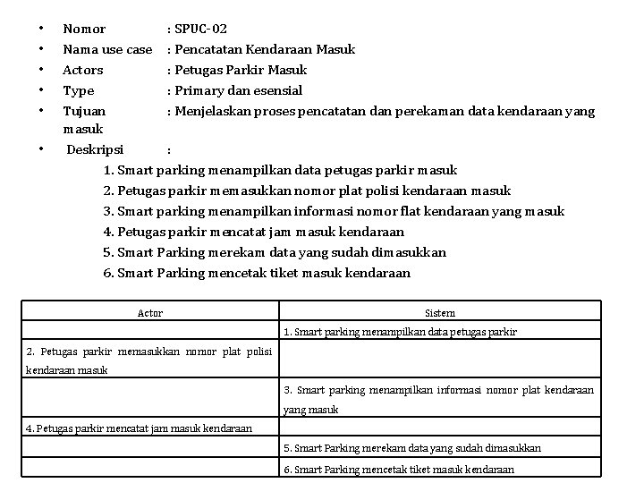  • • • Nomor : SPUC-02 Nama use case : Pencatatan Kendaraan Masuk