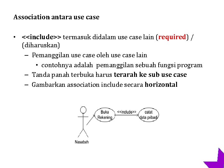 Association antara use case • <<include>> termasuk didalam use case lain (required) / (diharuskan)