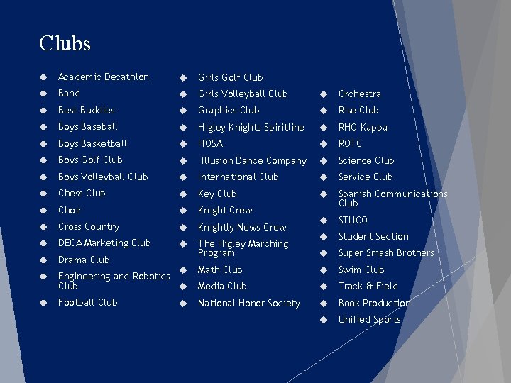 Clubs Academic Decathlon Girls Golf Club Band Girls Volleyball Club Orchestra Best Buddies Graphics