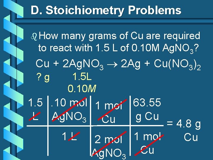 D. Stoichiometry Problems b How many grams of Cu are required to react with