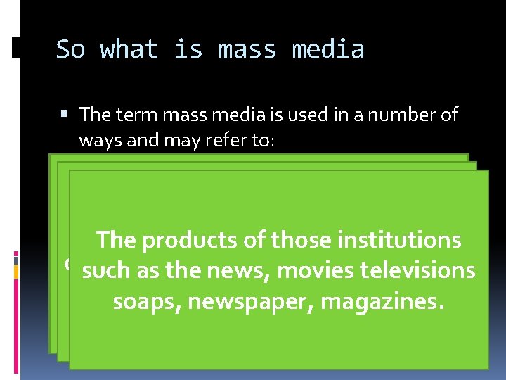 So what is mass media The term mass media is used in a number