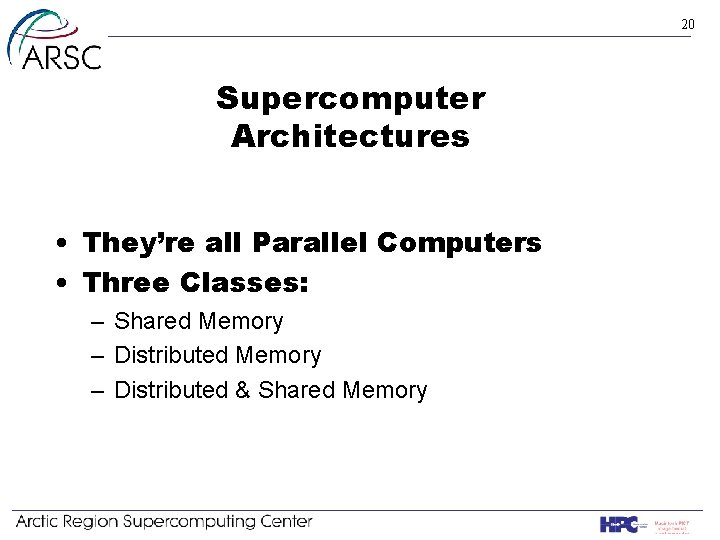 20 Supercomputer Architectures • They’re all Parallel Computers • Three Classes: – Shared Memory