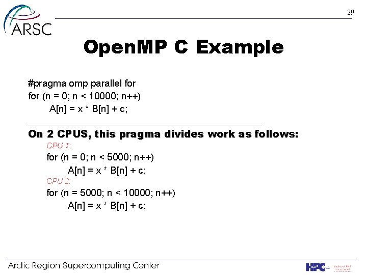 29 Open. MP C Example #pragma omp parallel for (n = 0; n <