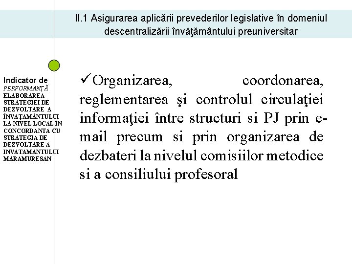II. 1 Asigurarea aplicării prevederilor legislative în domeniul descentralizării învăţământului preuniversitar Indicator de PERFORMANŢĂ