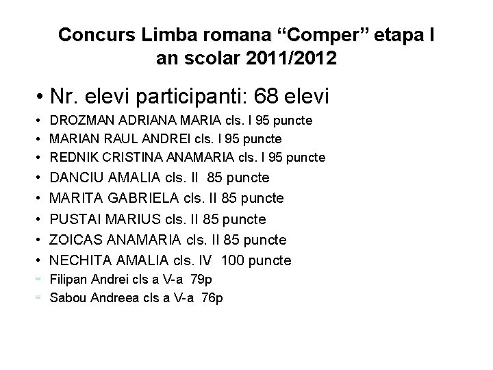 Concurs Limba romana “Comper” etapa I an scolar 2011/2012 • Nr. elevi participanti: 68