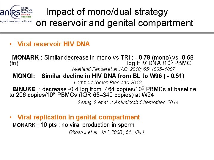 Impact of mono/dual strategy on reservoir and genital compartment • Viral reservoir HIV DNA Impact of mono/dual strategy on reservoir and genital compartment • Viral reservoir HIV DNA