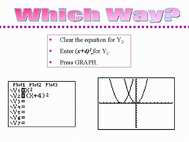 § Clear the equation for Y 2. § Enter (x+4)2 for Y 2. §