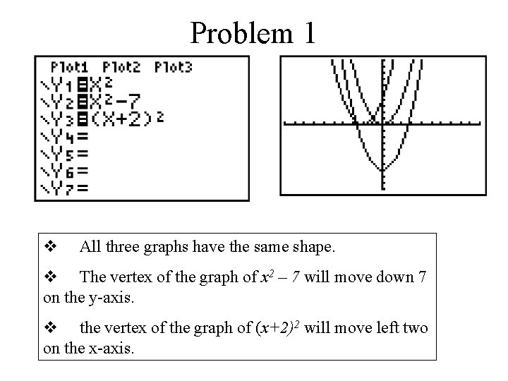 Problem 1 v All three graphs have the same shape. v The vertex of