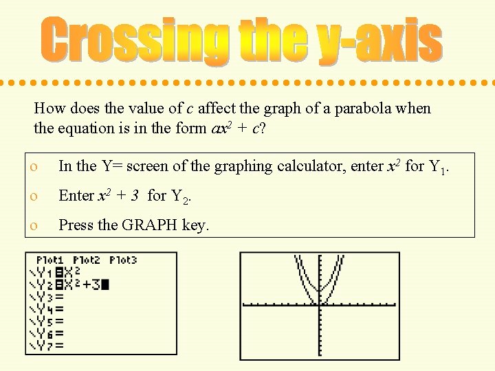 How does the value of c affect the graph of a parabola when the