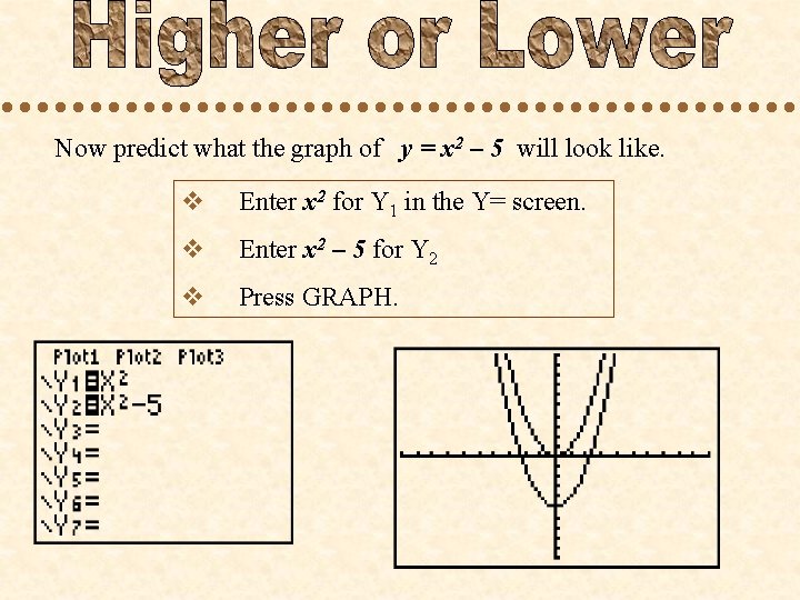 Now predict what the graph of y = x 2 – 5 will look