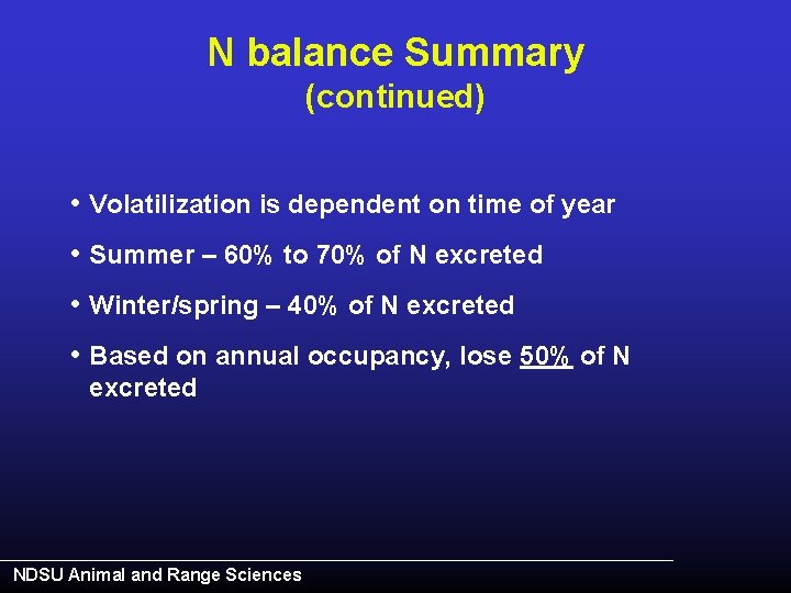N balance Summary (continued) • Volatilization is dependent on time of year • Summer