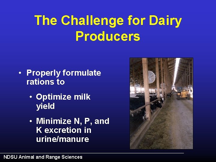 The Challenge for Dairy Producers • Properly formulate rations to • Optimize milk yield
