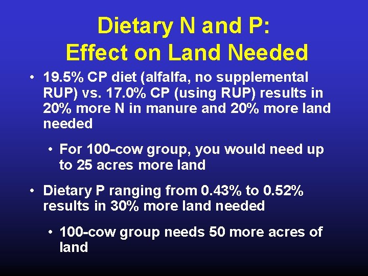 Dietary N and P: Effect on Land Needed • 19. 5% CP diet (alfalfa,