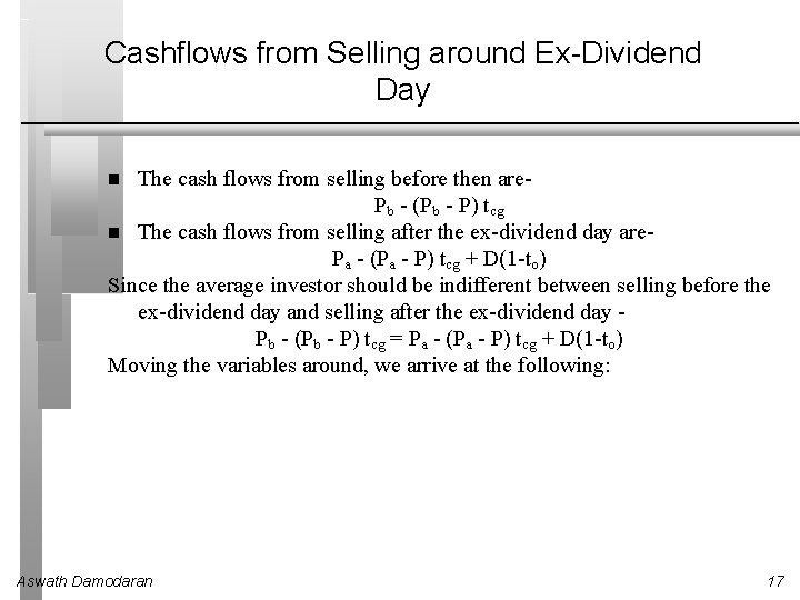 Cashflows from Selling around Ex-Dividend Day The cash flows from selling before then are.