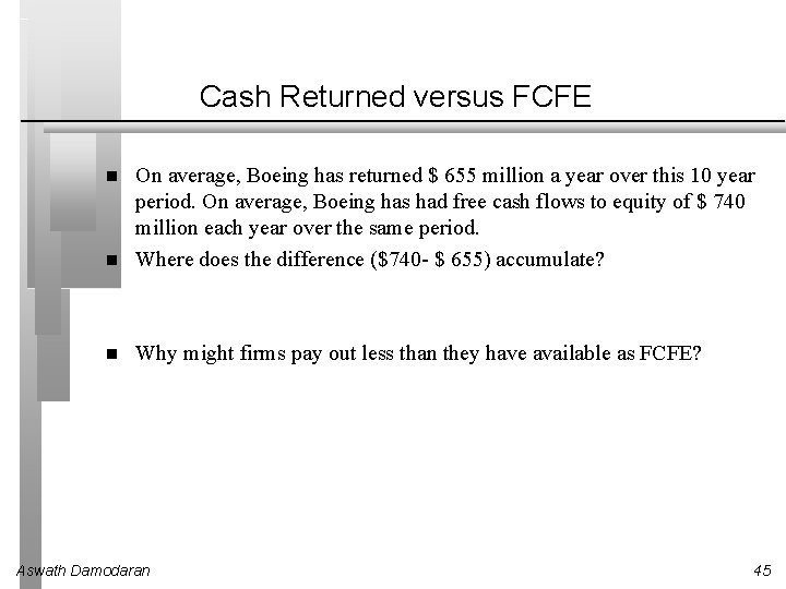 Cash Returned versus FCFE On average, Boeing has returned $ 655 million a year