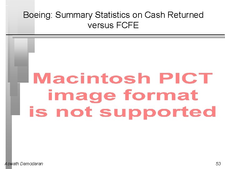 Boeing: Summary Statistics on Cash Returned versus FCFE Aswath Damodaran 53 