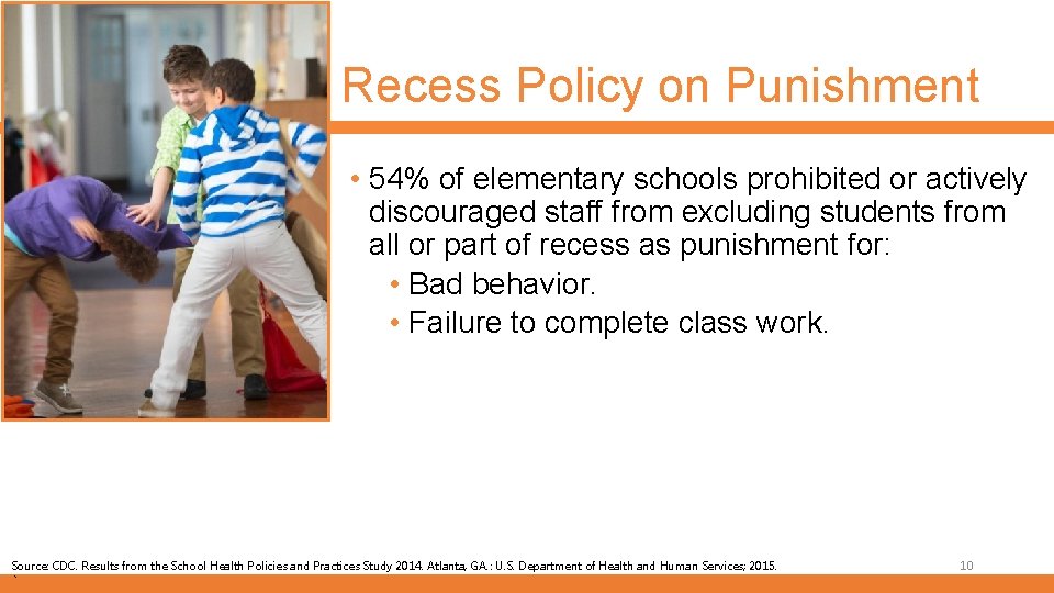 Recess Policy on Punishment • 54% of elementary schools prohibited or actively discouraged staff