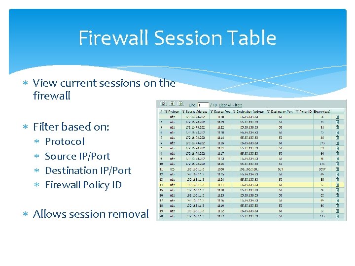Firewall Session Table View current sessions on the firewall Filter based on: Protocol Source