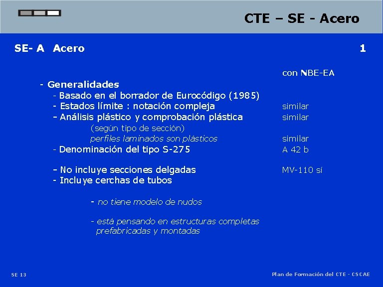 CTE – SE - Acero SE- A Acero 1 con NBE-EA - Generalidades - CTE – SE - Acero SE- A Acero 1 con NBE-EA - Generalidades -