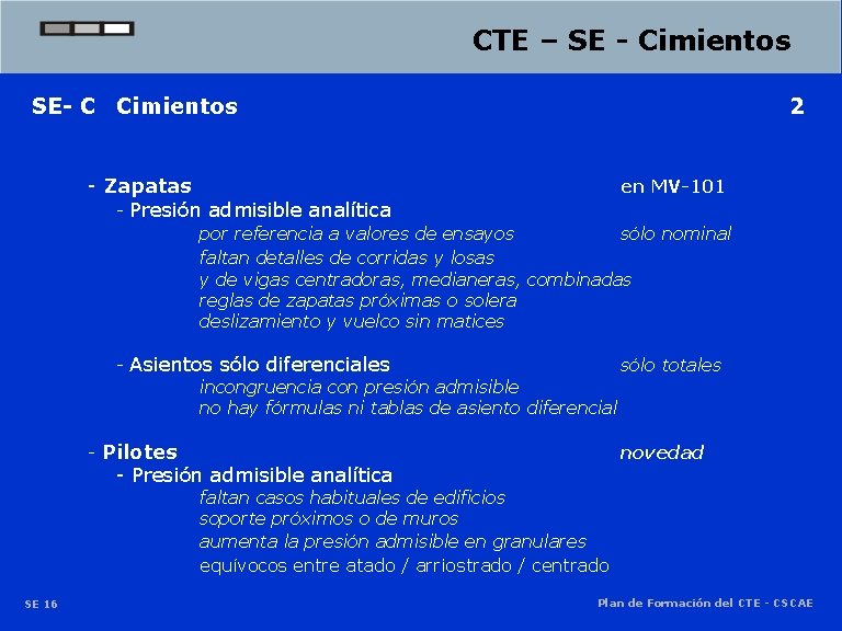 CTE – SE - Cimientos SE- C Cimientos 2 - Zapatas - Presión admisible CTE – SE - Cimientos SE- C Cimientos 2 - Zapatas - Presión admisible