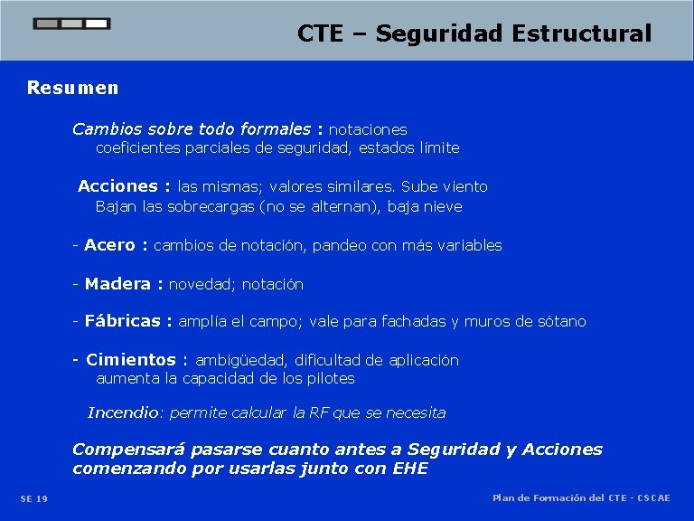 CTE – Seguridad Estructural Resumen Cambios sobre todo formales : notaciones coeficientes parciales de CTE – Seguridad Estructural Resumen Cambios sobre todo formales : notaciones coeficientes parciales de